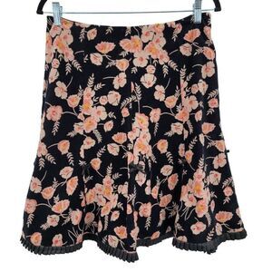 Vintage 80s Skirt Corduroy Paneled Ribbon Ruffle Bow Floral Boho Grunge Black 4P